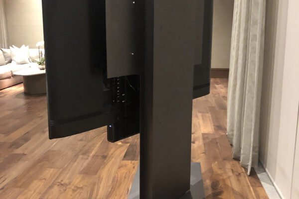 Custom steel swivel tv pedestal by Solara Custom Living