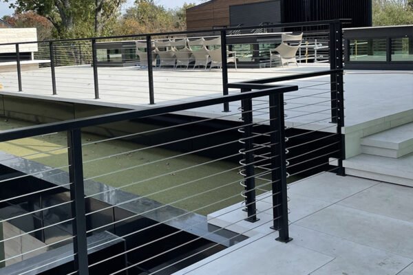Modern steel cable railing terrace stair by Solara Custom Living