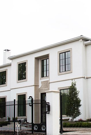 Transitional steel windows entry gate white home by Solara Custom Living